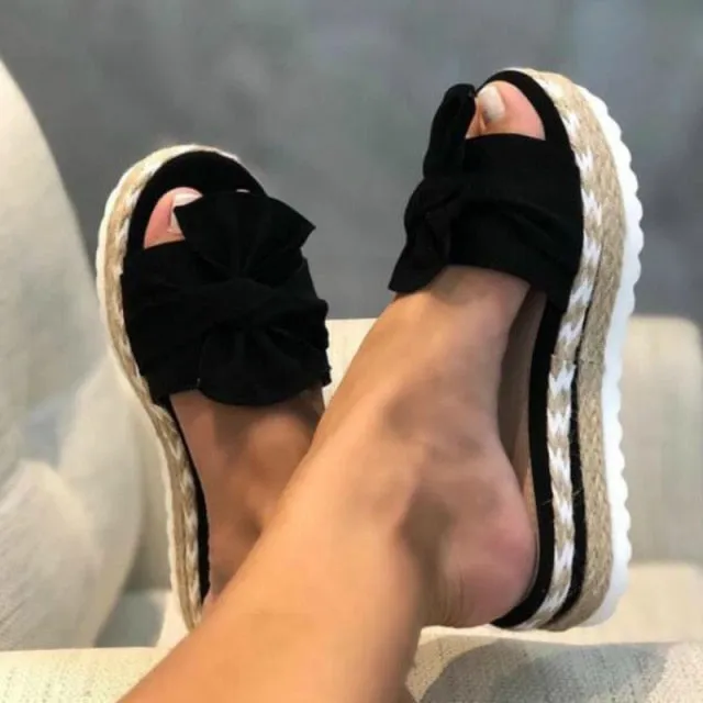 Women Slippers Platform Wedges Mid Heels Bow Tie Peep Toe Fashion Slides Beach Outdoor Ladies Shoes Ever Foam Slippers