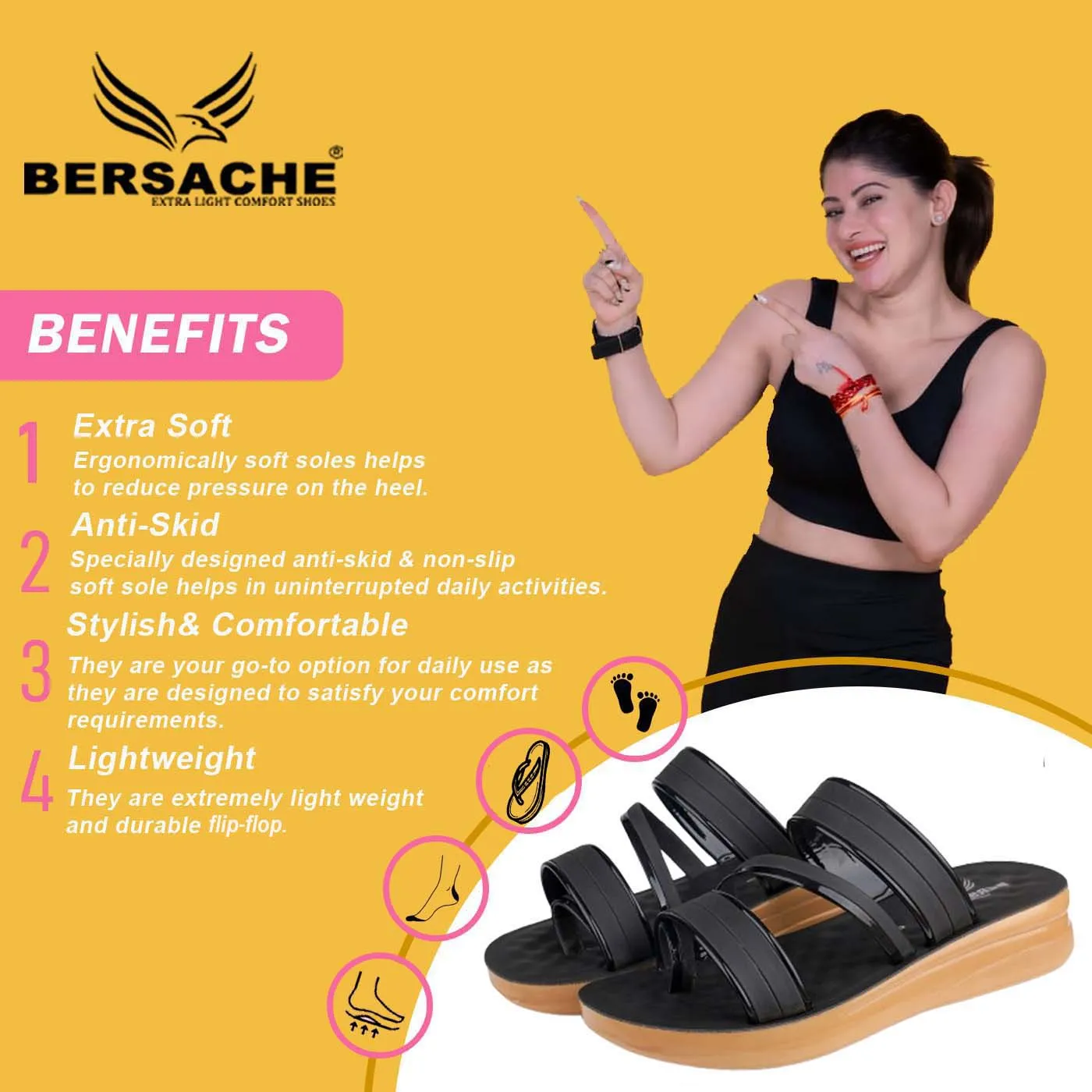 Bersache Extra Soft Classic Casual with  Regular wear with Ultra Soft & Flexibility Technology Flip Flop For Women's/Girl's-(6160-Black) Slippers Size 12