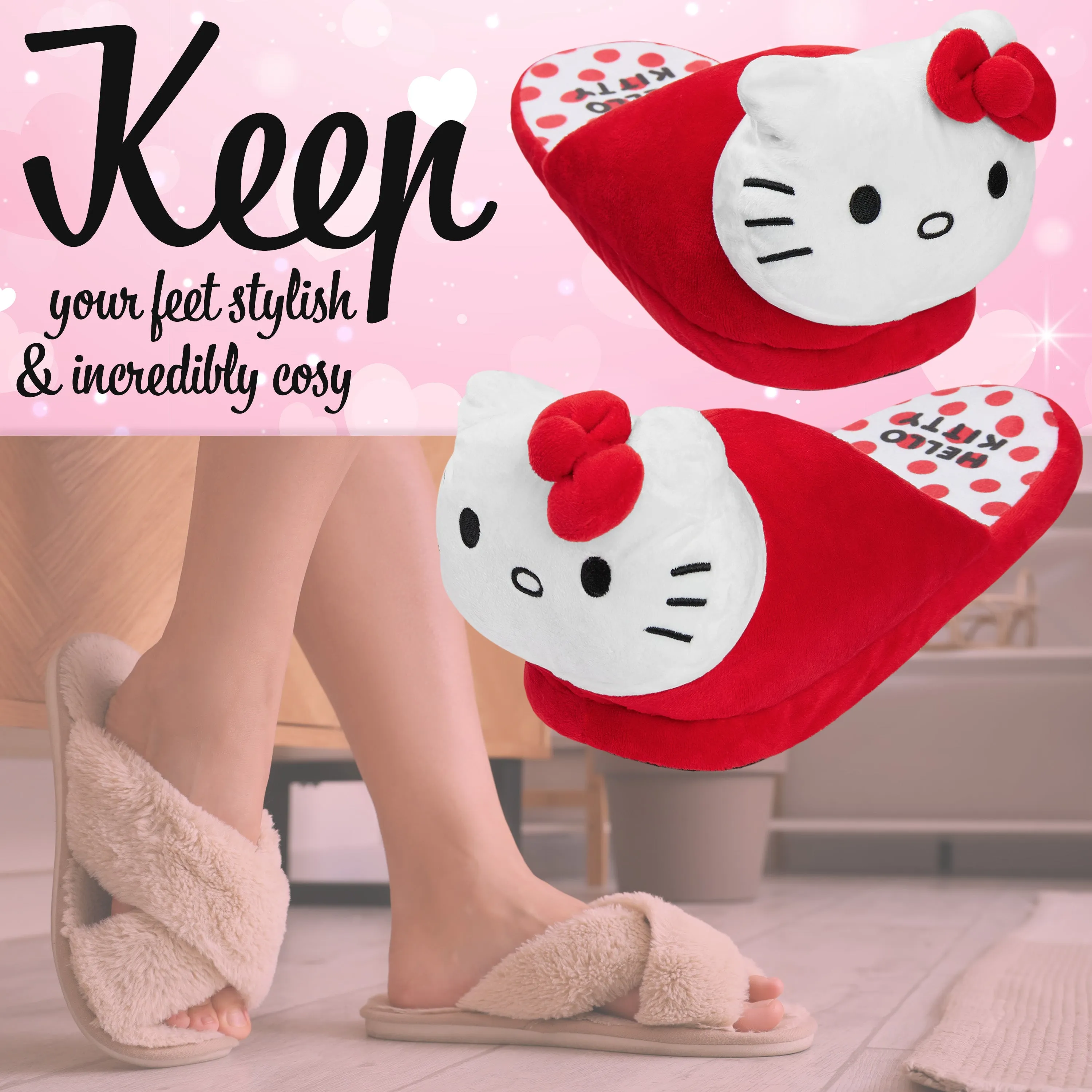 Hello Kitty Womens 3D Slippers, Cosy Indoor House Shoes Non Slip Loungewear - Gifts for Her Arizona Essentials Eva Slide Sandal