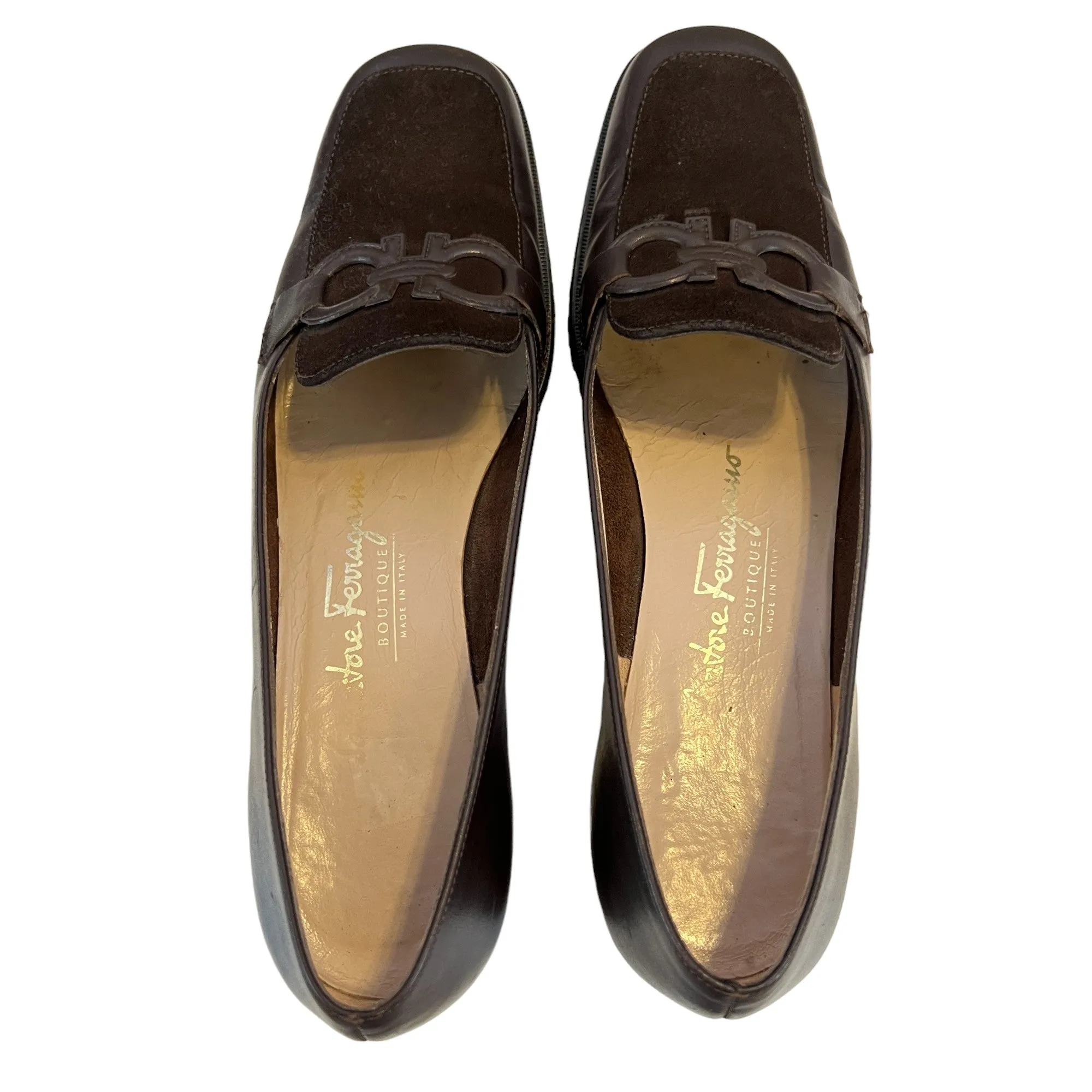 Pointed Toe Loafers Salvatore Ferragamo Logo Brown Leather Suede Loafers Size 6 1/2 2A