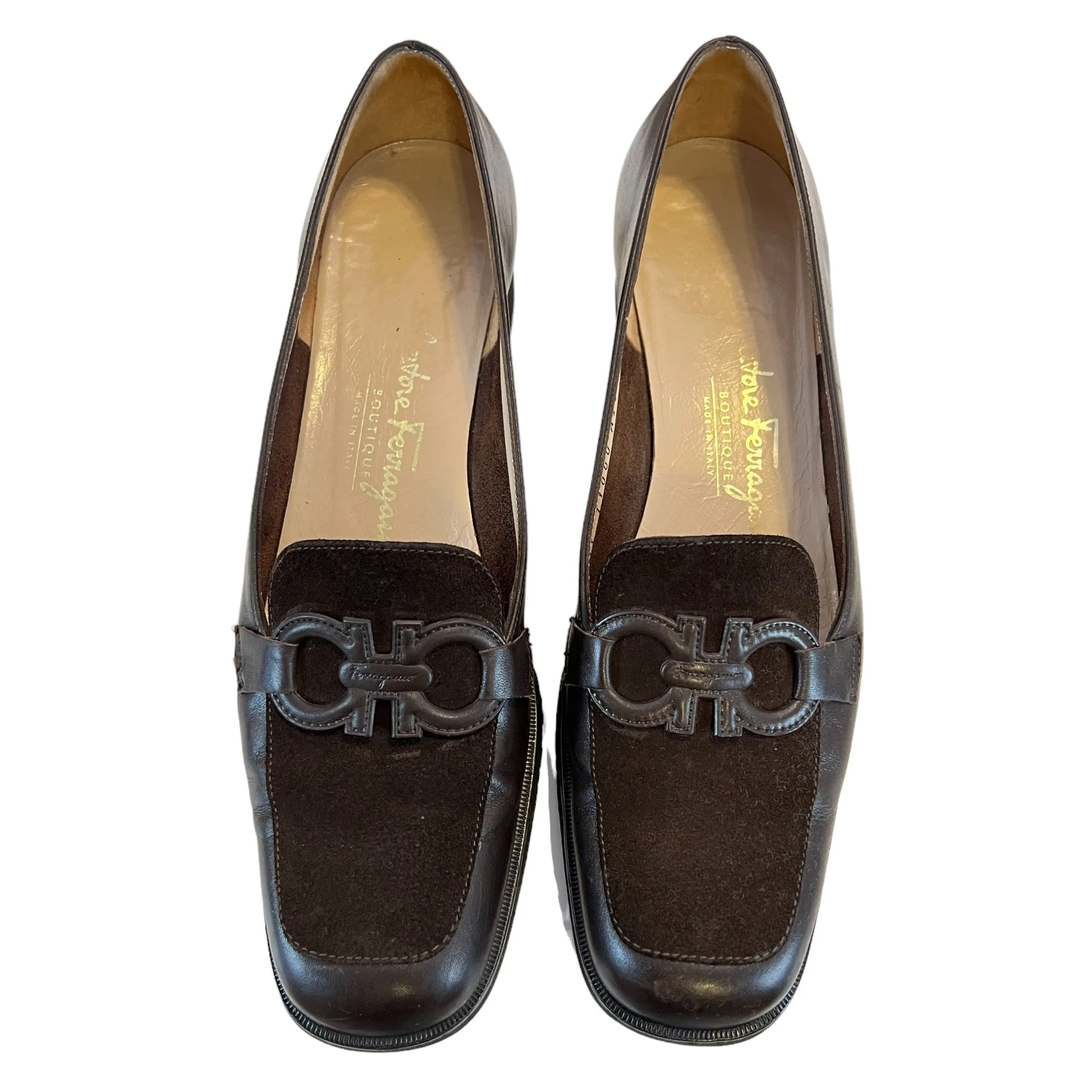 Salvatore Ferragamo Logo Brown Leather Suede Loafers Size 6 1/2 2A Horsebit Loafers Platform