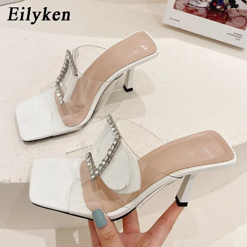 kamames Brand Buckle Crystal Rhinestones Women Slipper Summer Fashion Jelly Square Toe High Heels Party Slide Shoes Free Crochet Pattern For Slippers