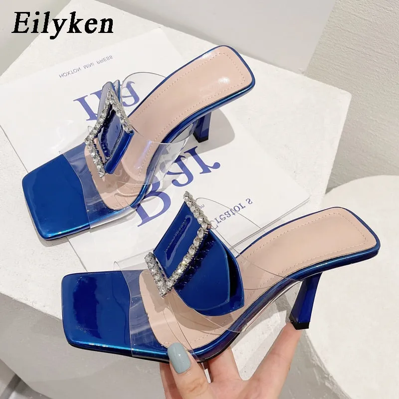 kamames Brand Buckle Crystal Rhinestones Women Slipper Summer Fashion Jelly Square Toe High Heels Party Slide Shoes Slippers For Dogs