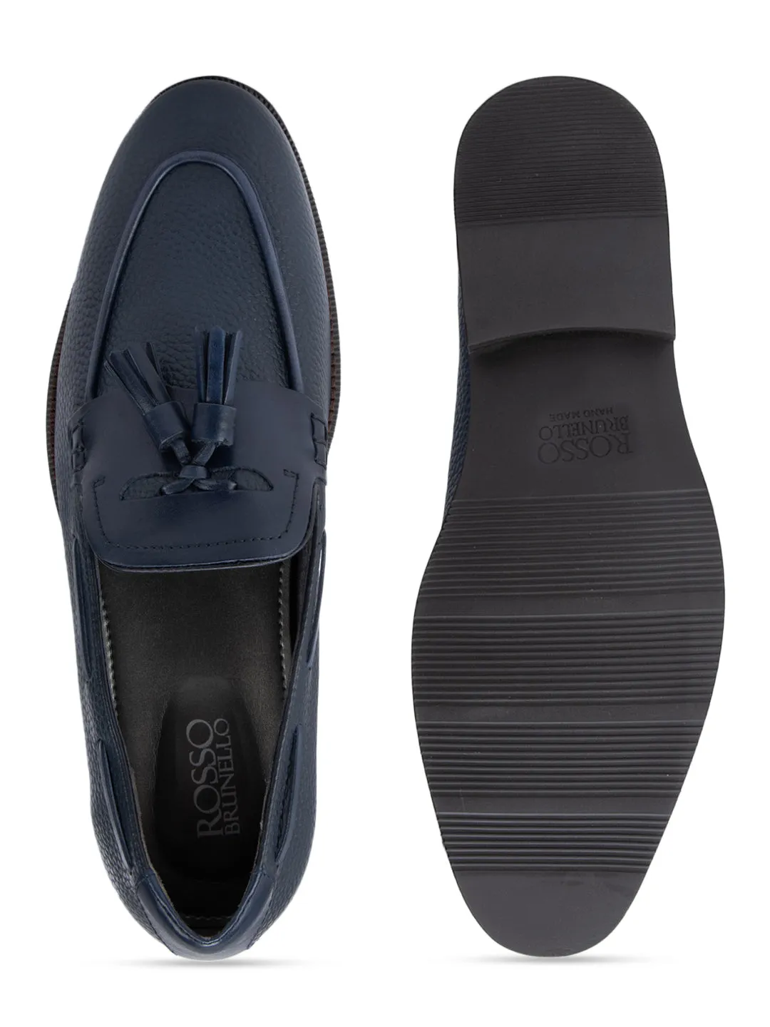 Navy Textured Loafers With Tassels Driving Loafers