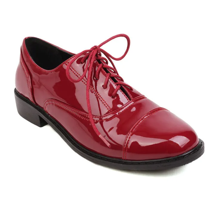 Women's Glossy Round Toe Lace-Up Flat Oxford Shoes Harmon Plain Toe Oxfords