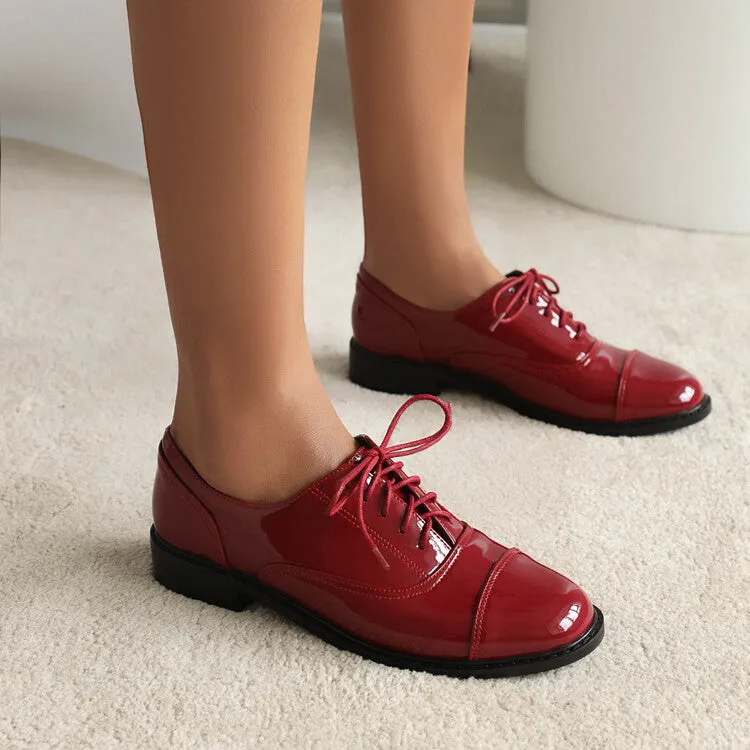 Women's Glossy Round Toe Lace-Up Flat Oxford Shoes Material Oxford