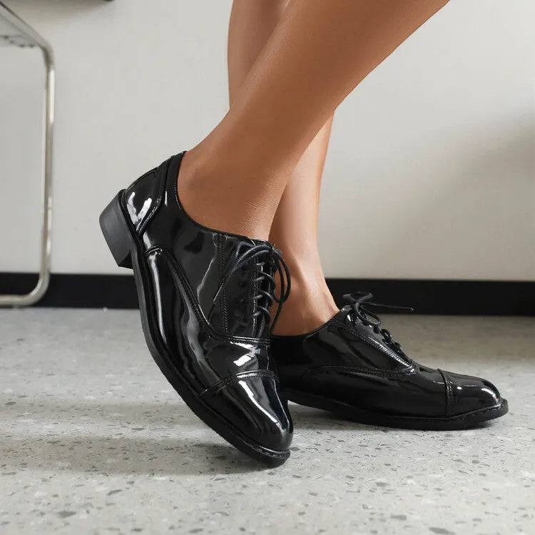 Women's Glossy Round Toe Lace-Up Flat Oxford Shoes Side Shoes Oxfords