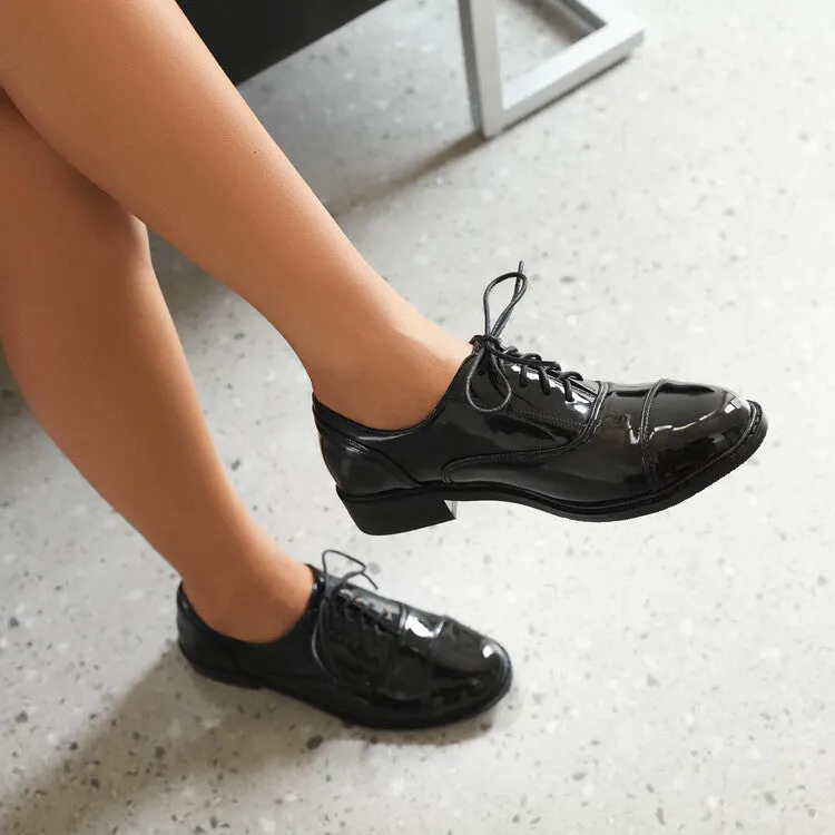 Women's Glossy Round Toe Lace-Up Flat Oxford Shoes Light Oxford