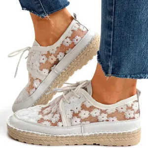 Casual Slip On Shoes Arch Support Women's flower embroidery lace mesh front lace sneakers | Chunky platform canvas shoes
