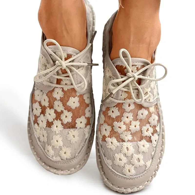 Women's flower embroidery lace mesh front lace sneakers | Chunky platform canvas shoes Bakugou Shoes Casual