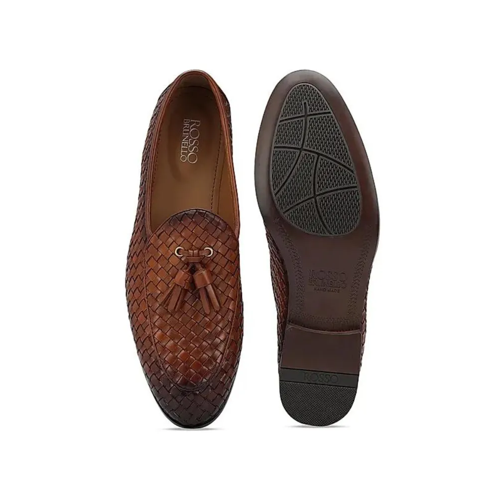 Penny Loafers Leather Tan Woven Leather Loafers With Tassels