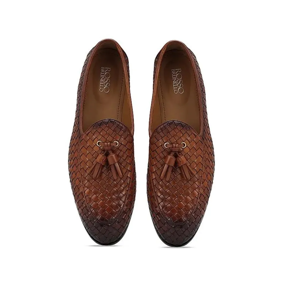 1953 Loafers Tan Woven Leather Loafers With Tassels