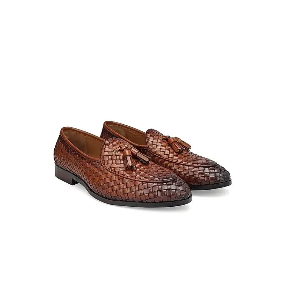 Tan Woven Leather Loafers With Tassels Crocs Shoes Loafers