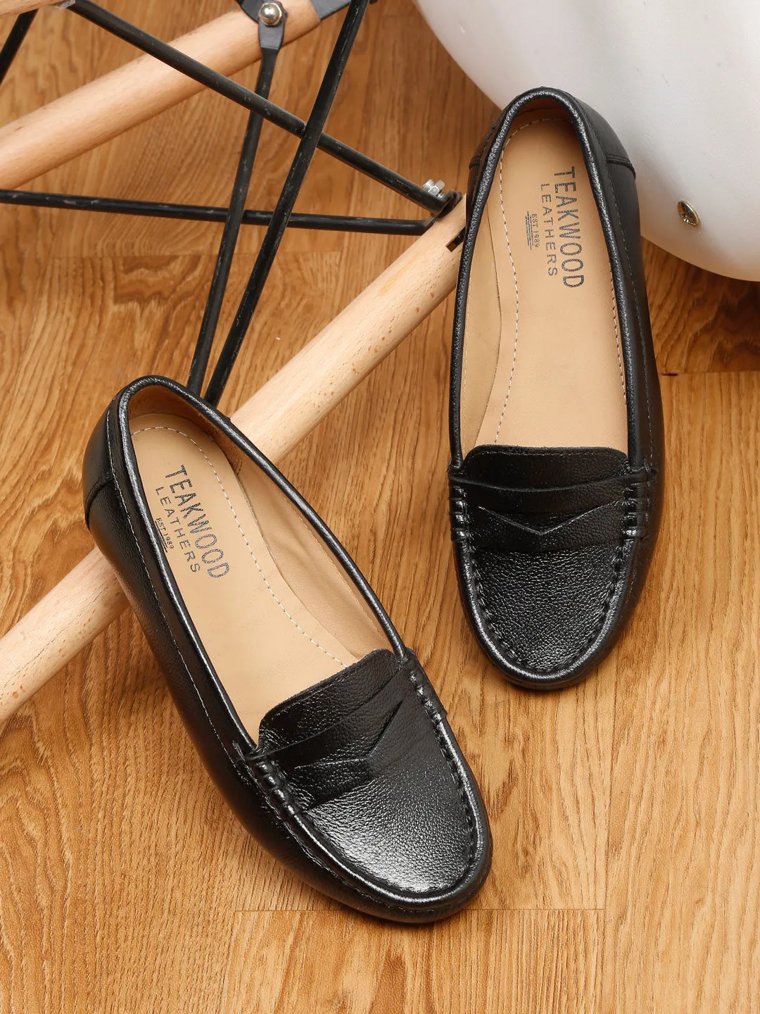 Teakwood Leathers Women Black Solid Slip-on Loafers Bottega Loafers