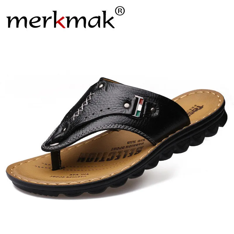 Merkmak Men Flip Flops Genuine Leather Slippers Summer Fashion Beach Sandals Casual Leisure Shoes for Man Soft Comfortable Travel Foldable Slippers