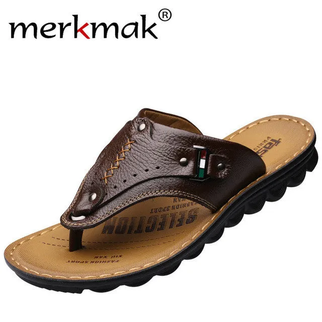 Merkmak Men Flip Flops Genuine Leather Slippers Summer Fashion Beach Sandals Casual Leisure Shoes for Man Soft Comfortable Urban Outfitters Slippers