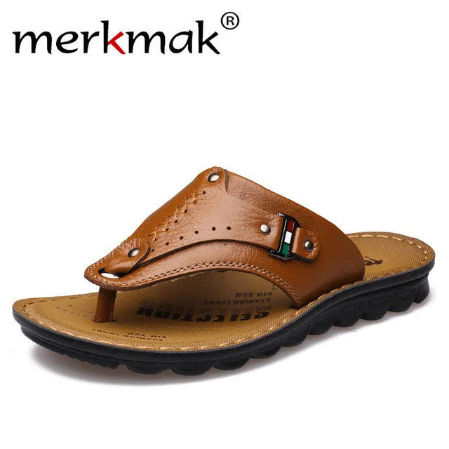 Merkmak Men Flip Flops Genuine Leather Slippers Summer Fashion Beach Sandals Casual Leisure Shoes for Man Soft Comfortable Crocheted Slippers For Adults