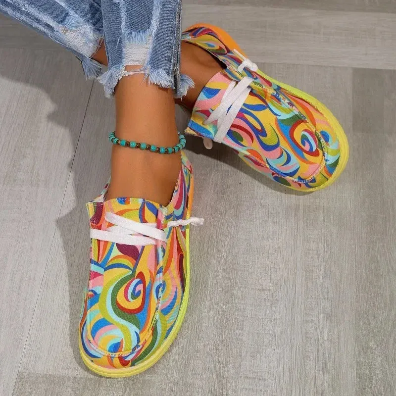 Women Ethnic Rainbow Canvas Shoes Autumn New Casual Daily Ladies Flat Shoes Round Toe Multi-Color Print Lace-up Sneakers Isabel Marant Sneakers Dupe
