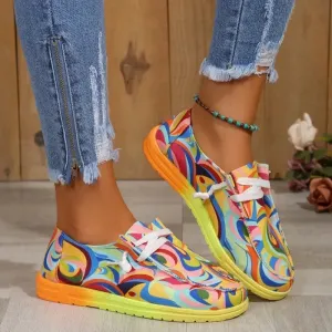 Women Ethnic Rainbow Canvas Shoes Autumn New Casual Daily Ladies Flat Shoes Round Toe Multi-Color Print Lace-up Sneakers Sneakers In Adidas