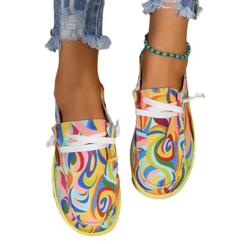 Women Ethnic Rainbow Canvas Shoes Autumn New Casual Daily Ladies Flat Shoes Round Toe Multi-Color Print Lace-up Sneakers Sorel Wedge Sneakers
