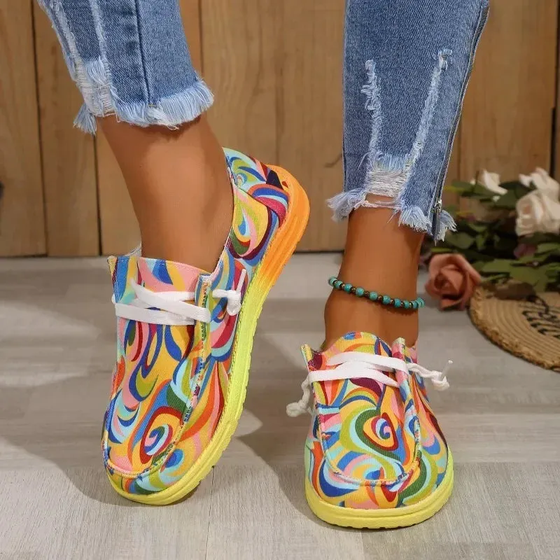 Women Ethnic Rainbow Canvas Shoes Autumn New Casual Daily Ladies Flat Shoes Round Toe Multi-Color Print Lace-up Sneakers Trimp Sneakers