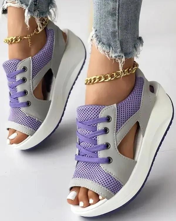 NEW HOT SALEContrast Paneled Cutout Lace-Up Muffin Sandals Classy Sandals