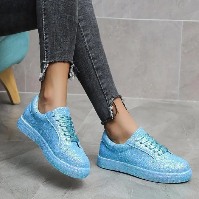 Cute Comfortable Sneakers Women's rhinestone glitter front lace canvas