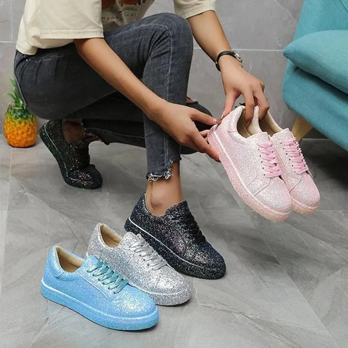 Women's rhinestone glitter front lace canvas Cargo Sneakers