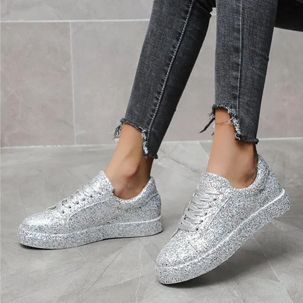 Dressy Sneakers Women's rhinestone glitter front lace canvas