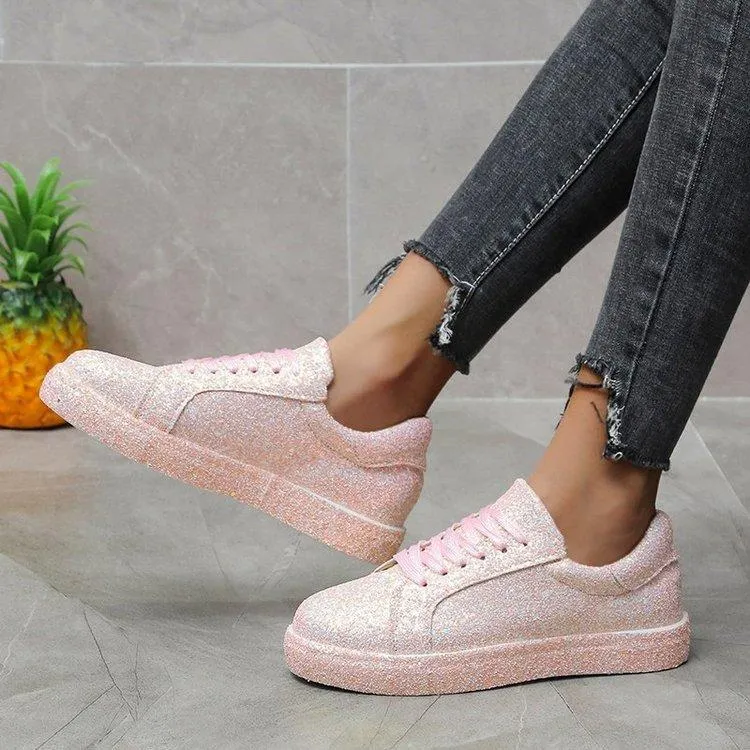Sneakers Bootcut Jeans Women's rhinestone glitter front lace canvas