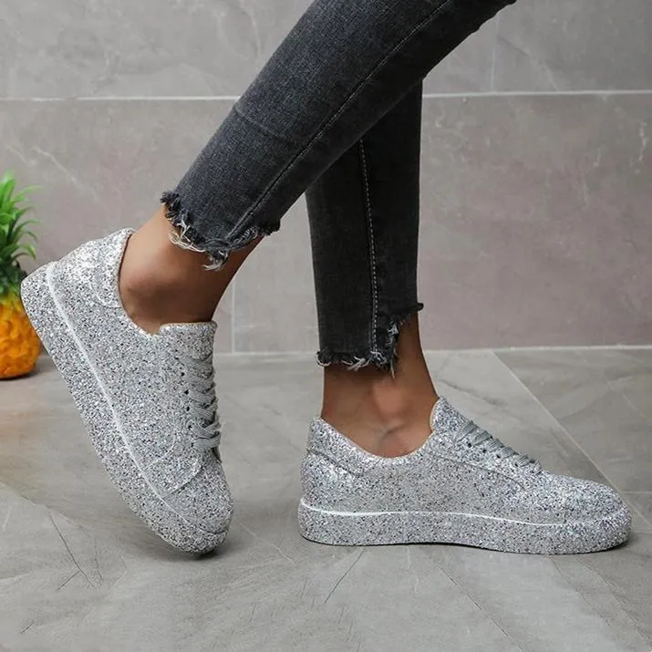Women's rhinestone glitter front lace canvas Best Cross Country Sneakers