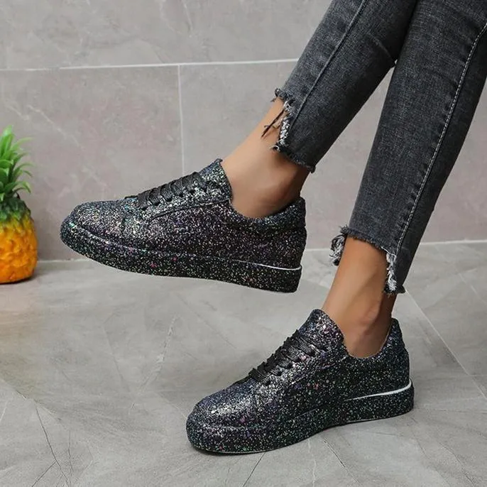 Women's rhinestone glitter front lace canvas Sneakers Politics