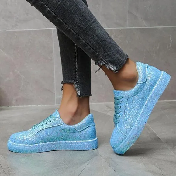 Sneakers Released Women's rhinestone glitter front lace canvas