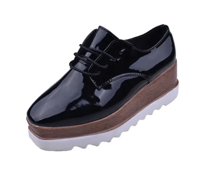 Women Casual Leather Lace-Up Loafers Flat Platforms British Style Loafers Station