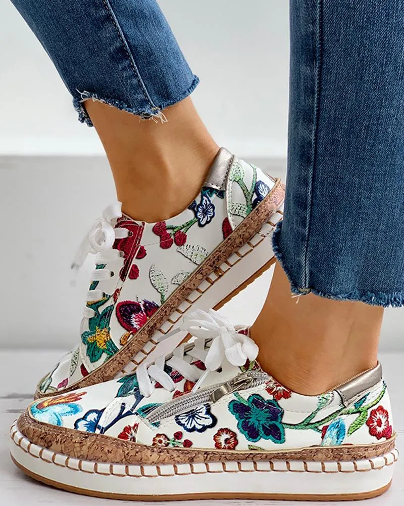 Women Floral Embroidered Zipper Design Casual Lace-Up Shoes Driving Shoes Casual