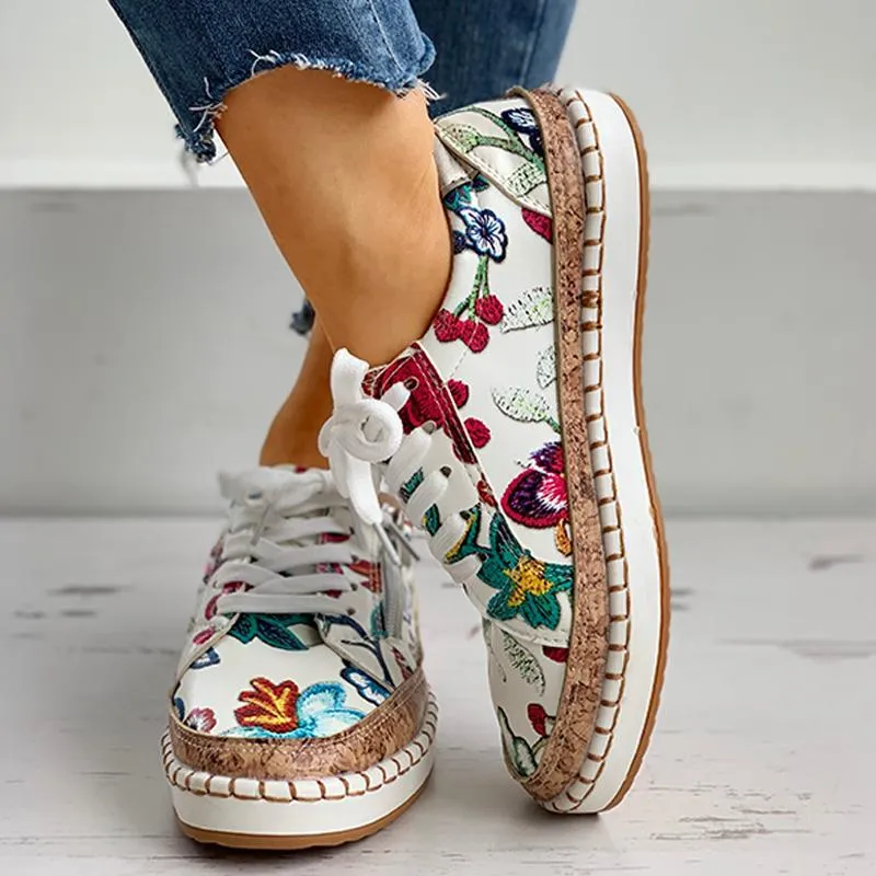 Academy Casual Shoes Women Floral Embroidered Zipper Design Casual Lace-Up Shoes