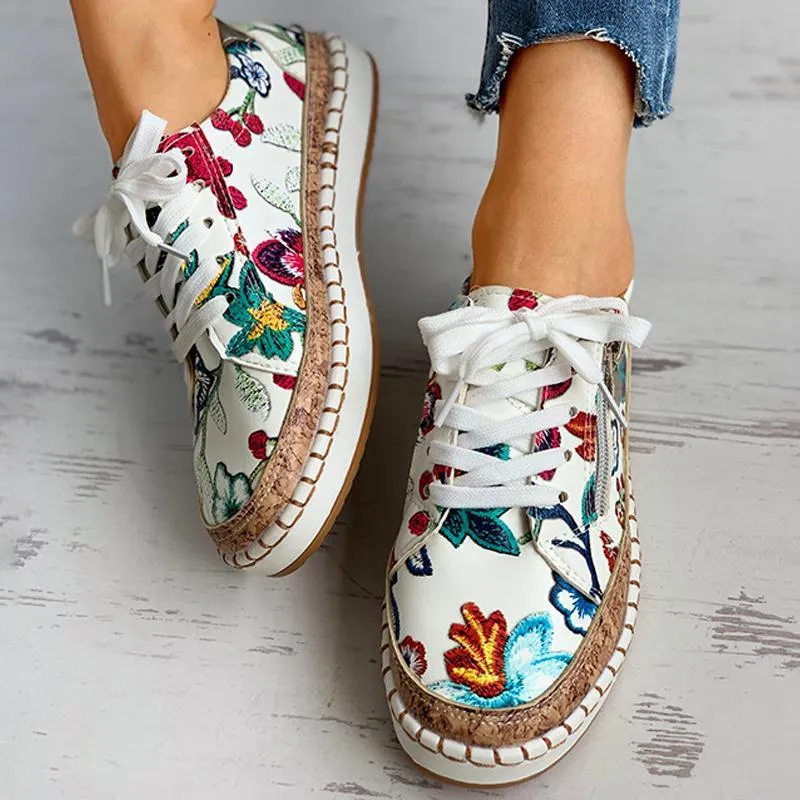 Women Floral Embroidered Zipper Design Casual Lace-Up Shoes Blazer Low Jumbo Se Varsity Casual Shoes