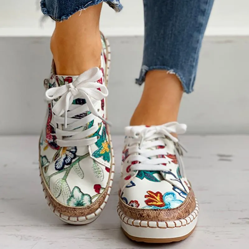 Dunk High Casual Shoes Women Floral Embroidered Zipper Design Casual Lace-Up Shoes