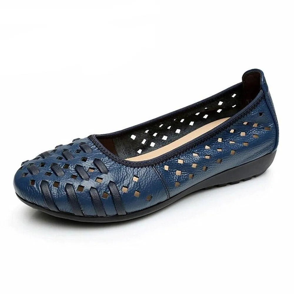 Women Hollow Out Genuine Leather Slip On Loafers Casual Shoes Sandals Flats Genuine Leather Loafers