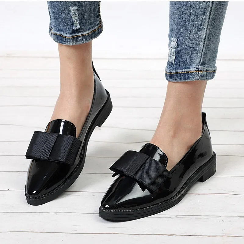 Suit With Penny Loafers Women Shoes Bowtie Loafers Patent Leather Elegant Low Heels Slip On Footwear