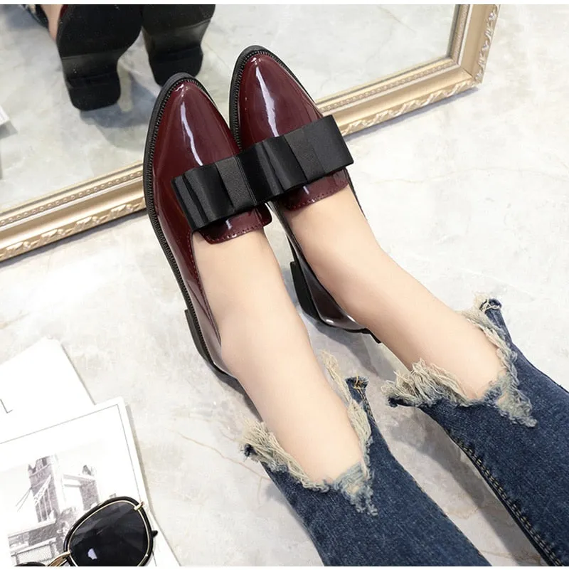Slip Loafers Women Shoes Bowtie Loafers Patent Leather Elegant Low Heels Slip On Footwear