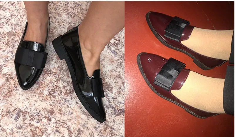 Loafers 70s Women Shoes Bowtie Loafers Patent Leather Elegant Low Heels Slip On Footwear