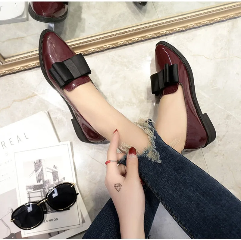 Women Shoes Bowtie Loafers Patent Leather Elegant Low Heels Slip On Footwear Polo Penny Loafers