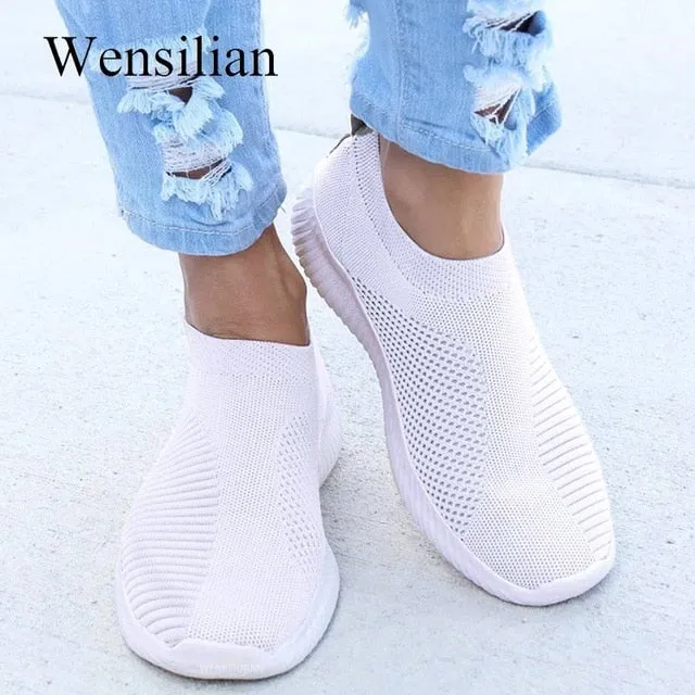 Copper Flats Shoes Women Sneakers Shoes Woman Striped Sock Sneakers Slip On Knitted Vulcanized Shoes Causal Trainers Zapatillas Mujer Deportiva