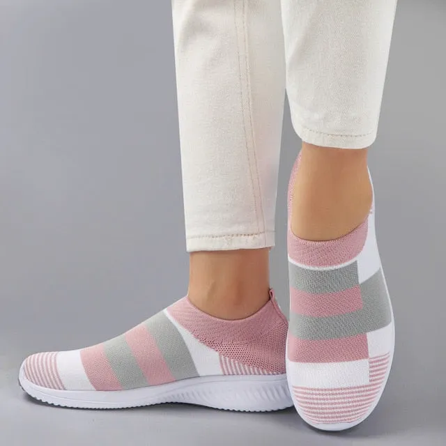Women Sneakers Shoes Woman Striped Sock Sneakers Slip On Knitted Vulcanized Shoes Causal Trainers Zapatillas Mujer Deportiva Flat Shoes Workout