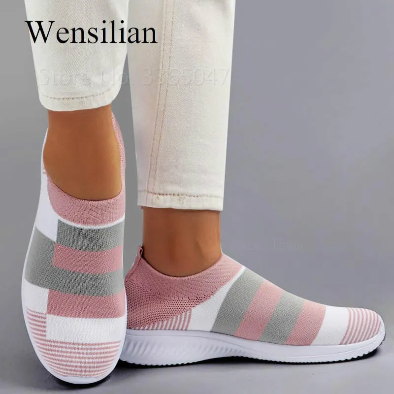 Satin Shoes Women Sneakers Shoes Woman Striped Sock Sneakers Slip On Knitted Vulcanized Shoes Causal Trainers Zapatillas Mujer Deportiva