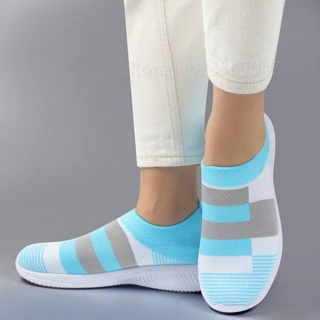 Women Sneakers Shoes Woman Striped Sock Sneakers Slip On Knitted Vulcanized Shoes Causal Trainers Zapatillas Mujer Deportiva Bronze Flats Shoes