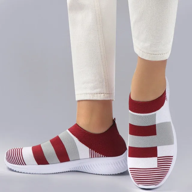 Flats Shoes Collection Women Sneakers Shoes Woman Striped Sock Sneakers Slip On Knitted Vulcanized Shoes Causal Trainers Zapatillas Mujer Deportiva