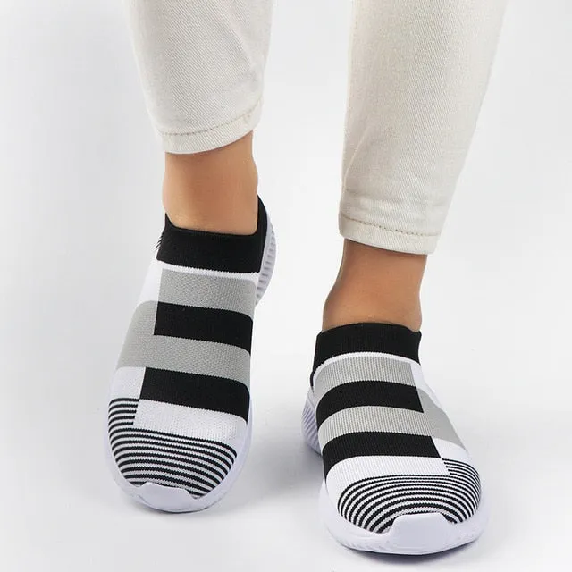 Crane Shoes Flats Women Sneakers Shoes Woman Striped Sock Sneakers Slip On Knitted Vulcanized Shoes Causal Trainers Zapatillas Mujer Deportiva