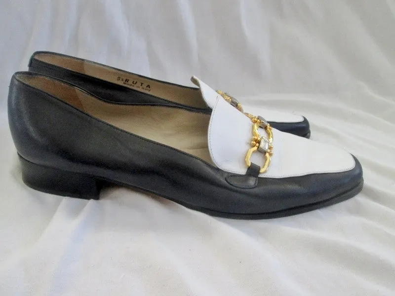 Womens BALLY RUTA Italy Slip On SHOE Loafer BLACK LEATHER 9.5 WHITE HORSEBIT Car Loafers